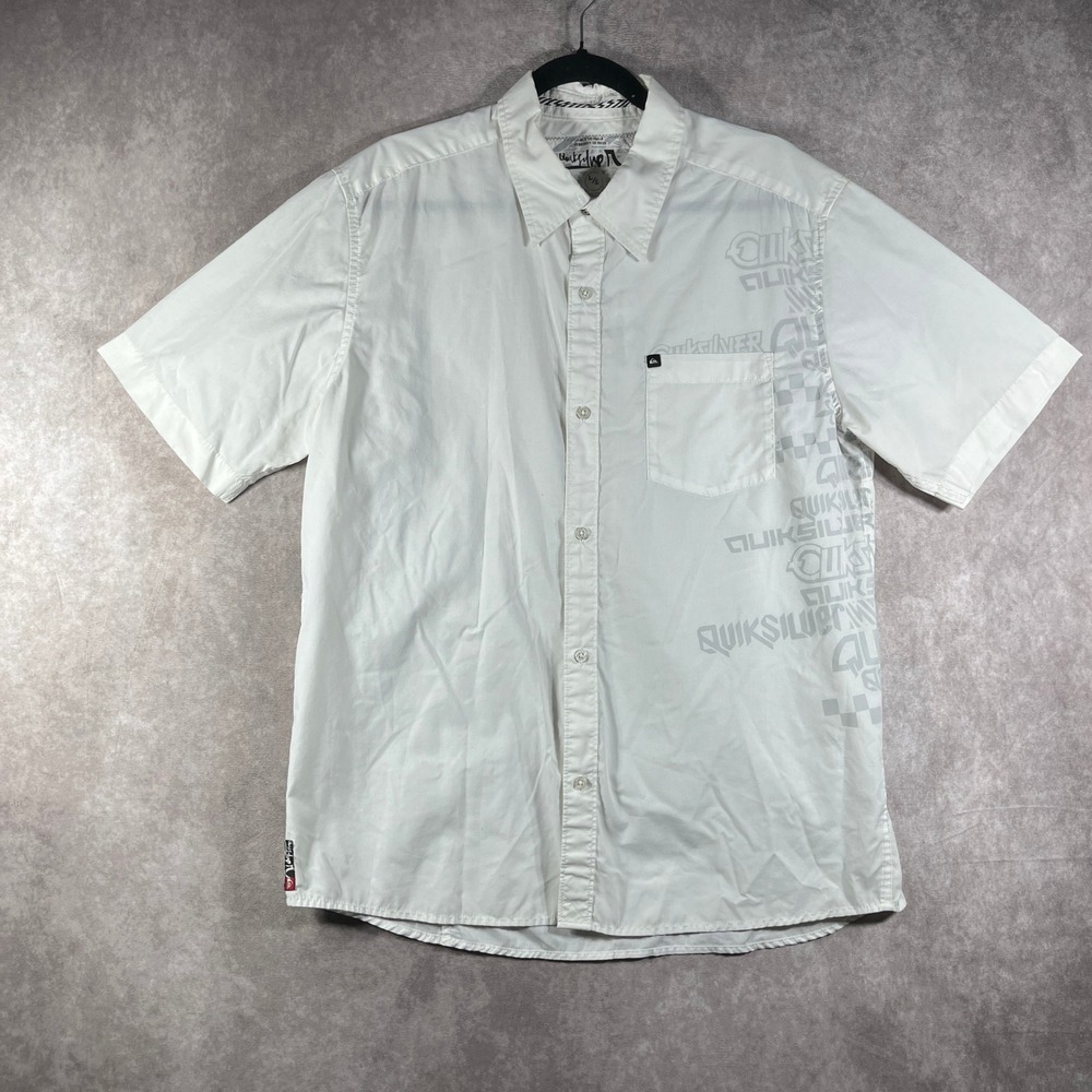 Quiksilver Shirt Mens Large White Button Up Short Sleeve Surfer Beach Preppy